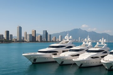 Fototapeta premium Luxury Yachts Docked at Marina with Scenic City Skyline and Mountains on a Sunny Summer Day in Coastal Urban Harbor