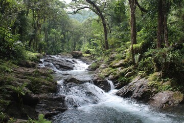 Tropical Forest Stream with Waterfall in Lush Green Environment