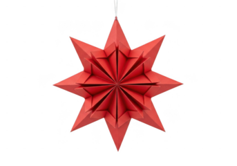 Red origami star decoration hanging decoration festive holiday ornament. Red paper star ornament with intricate folds isolated on transparent background, creating a festive and elegant decoration