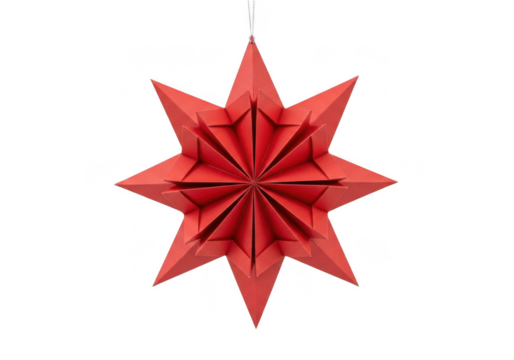 Red origami star decoration hanging decoration festive holiday ornament. Red paper star ornament with intricate folds isolated on transparent background, creating a festive and elegant decoration