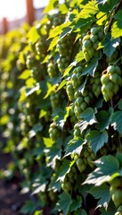 Lush green hop vines bathed in warm sunlight, ready for harvest, agricultural, plant life