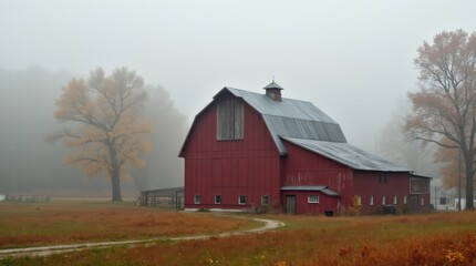 A red barn standing alone in a misty autumn valley.
