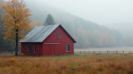 A red barn standing alone in a misty autumn valley.
