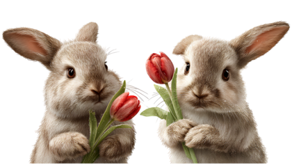 easter bunnies holding tulips, isolated on a transparent