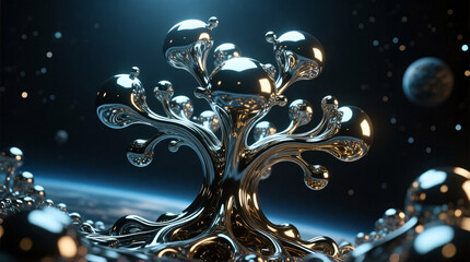 Abstract futuristic chrome metallic structure resembling a tree floating in outer space near Earth