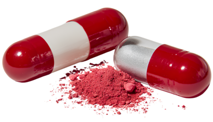 PNG a red and white capsule, one red capsule open with powder inside, on a transparent background