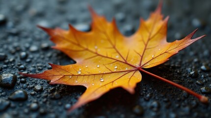 Macro dewy golden maple leaf on wet black asphalt

