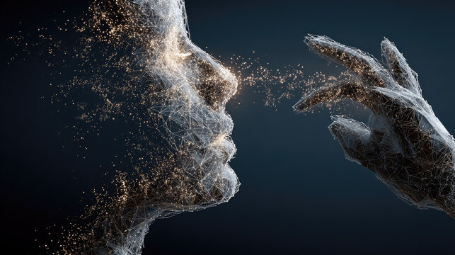 Human head consisting of small particles with glowing artificial intelligence light particles indicating brain activity, representing AI innovation, neural networks, and digital transformation