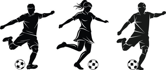 Set of Soccer Players Kicking Ball Silhouette Vector - Male and Female Football Athletes in Action Pose