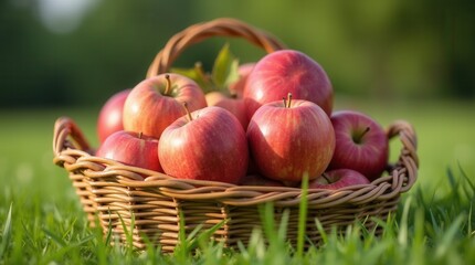 Wicker basket filled with freshly picked apples on grass
