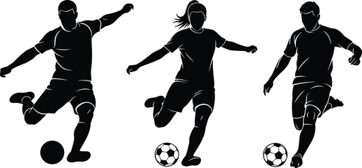 Soccer Player Silhouettes Vector Set - Male and Female Football Athletes Kicking Ball Action