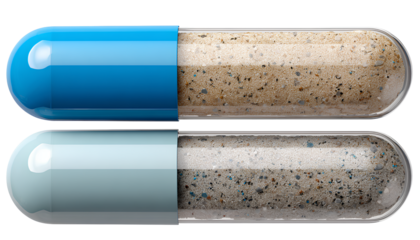 two images of an open white and blue capsule pill with sand inside, transparent background png