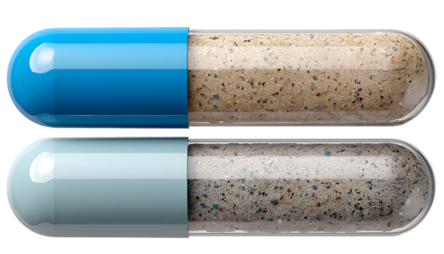two images of an open white and blue capsule pill with sand inside, transparent background png