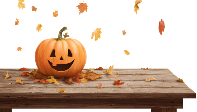  transparent background png a halloween pumpkin with a smiling face on a wooden table, with autumn leaves flying in an isolated