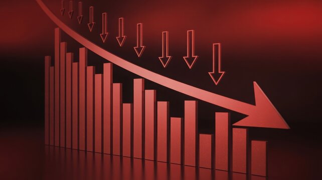 Bar graph showing a sharp decline with red arrow pointing down, indicating financial loss