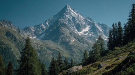 Fototapeta premium Majestic alpine peak with snow caps, surrounded by pine trees, under a clear blue sky