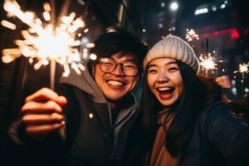 Asian couple laughing sparkler sparks.