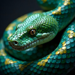 Fototapeta premium Detailed close-up of a vivid green snake with yellow scales, realistic photography style, curled on a dark background, symbol of danger and nature