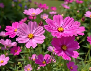 Obraz premium Vibrant pink cosmos flowers in full bloom, a picturesque garden scene, colorful, idyllic, greenery