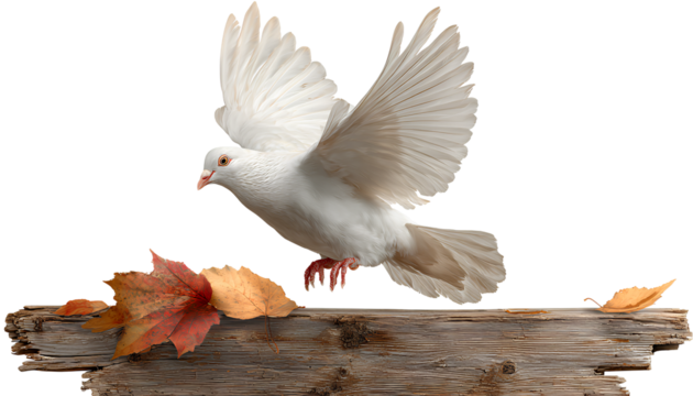 white dove flying over a wooden board with autumn leaves, isolated on a transparent background