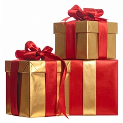 Obraz premium Stack of Gift Wrapped Boxes Gold with Red Ribbons on White Background