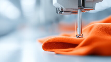 In a vibrant textile workshop, a sewing machine skillfully stitches an orange fabric piece. The work captures the essence of modern craftsmanship and creativity in textile production
