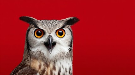 A large owl with yellow eyes stares at the camera. The red background adds a sense of intensity and drama to the scene