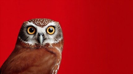 A brown owl with yellow eyes is staring at the camera. The red background adds a sense of intensity and focus to the scene
