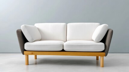 A white couch with brown cushions sits in front of a wall. The couch is made of wood and has a simple design. The room is empty and the couch is the only piece of furniture in the space
