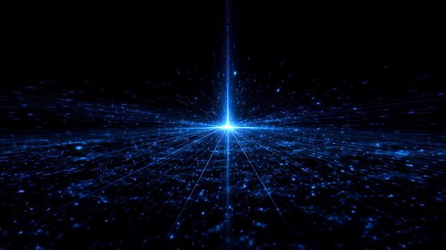 Futuristic blue data light explosion with glowing particles and digital perspective