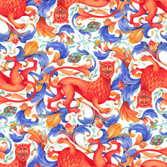 Watercolor seamless pattern of a medieval lion, inspired by medieval miniatures.