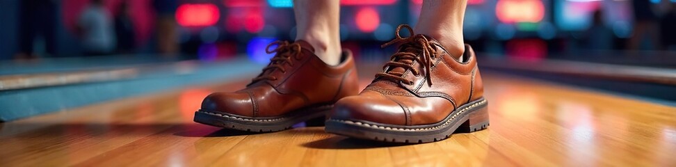 Well-worn Bowling Shoes Ready for the Game Scuffed Leather, Tied Laces, Casual Sport Footwear