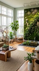 A bright and airy living space showcases a lush vertical garden, adding a touch of nature to the interior design.