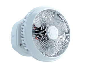 White fan showing angled view of blades, casing, and mount on black