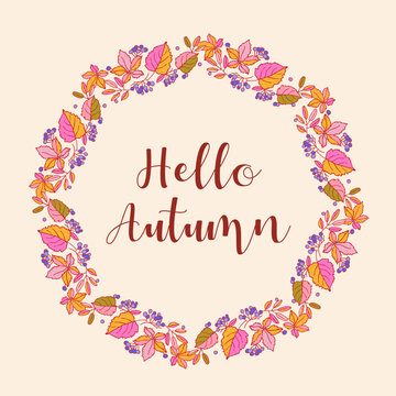 wild grape autumn wreath decoration, nature, fall season, hand drawn doodle, print, vector illustration