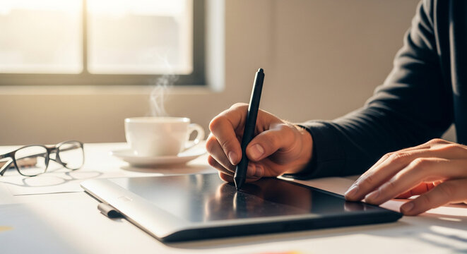 Designer using a digital tablet and stylus with a cup of coffee on the desk