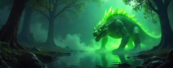 Glowing Green Creature Emerges from Surreal Swamp Landscape A Terrifyingly Beautiful Scene