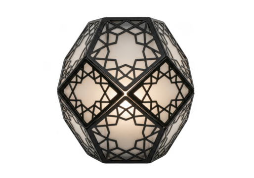 Ornate geometric lantern with intricate pattern glowing softly. A geometric lantern with intricate star patterns isolated on transparent background, casting a warm and inviting glow