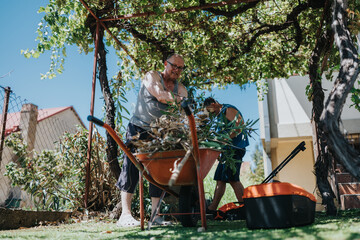 Two adults work together in a sunny backyard, using a wheelbarrow and tools to clear branches and prune plants beneath a leafy trellis. A casual, hands-on outdoor activity.