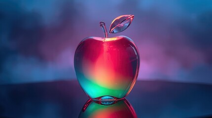 Dazzling glass apple sculpture glows with vibrant neon light, perfect for modern decor and creative concepts