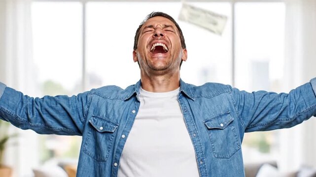 An ecstatic and overjoyed man in a denim shirt celebrates a financial windfall, shouting with pure joy and arms outstretched as money rains down. A concept of success, winning the lottery.