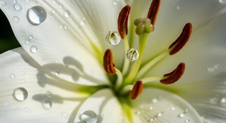 Close Up White Lily Flower with Water Droplets and Brown Stamen in Natural Light