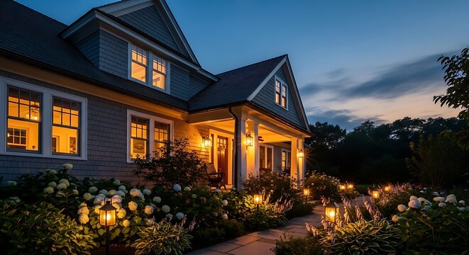A charming house exterior bathed in warm evening light, showcasing a well-maintained landscape and inviting porch.