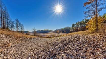 A bright sunny landscape with piles of pulverized rock materials