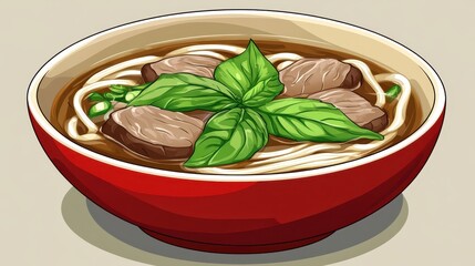 A colorful illustration of Vietnamese Pho soup in a red bowl