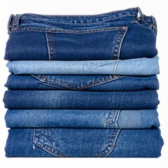 Neatly Stacked Dark and Light Blue Denim Jeans on White Background Studio Shot