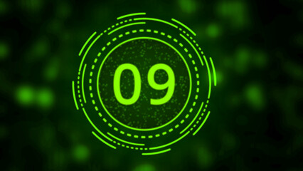 Green digital countdown timer with number nine and circular HUD elements graphic design