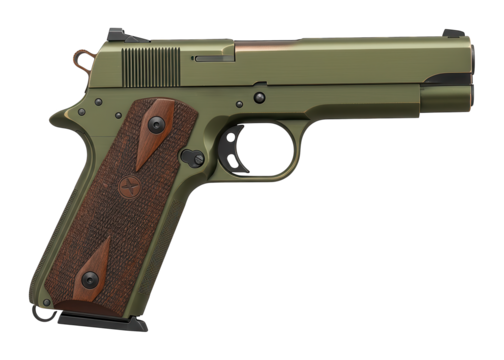 Olive green handgun with brown checkered grips and black accents.