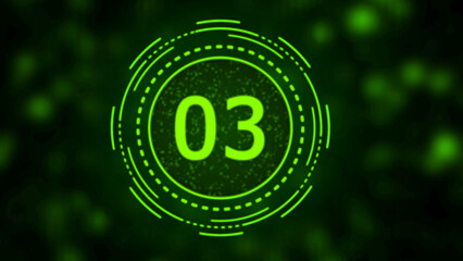 Futuristic Neon Green Countdown Timer Displaying Number 03 with Digital Glitch Effect three