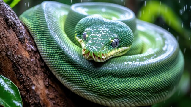 A stunning emerald green tree python coiled in its environment